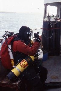 Bernie gearing up for a dive at Scapa Flow, Scotland.  Credit:  Scott Rowan.