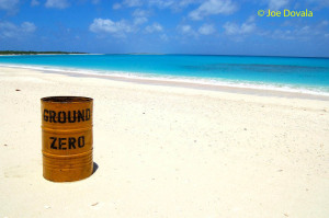 Trash can overlooks area where nuclear testing took place Bikini Atoll