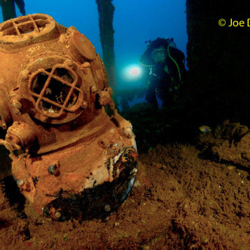 A U.S. Navy Mark V diving helmet on the USS Saratoga at Bikini Atoll